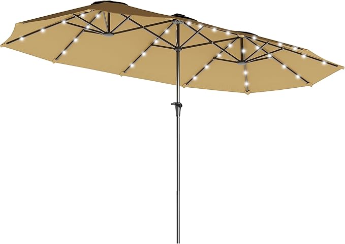 Outsunny 13ft Large Patio Umbrella with Solar Lights, Rectangular Double-Sided Outdoor Market Umbrella with Crank Handle and 48 LED Bulbs for Garden, Pool and Backyard, UPF 30+