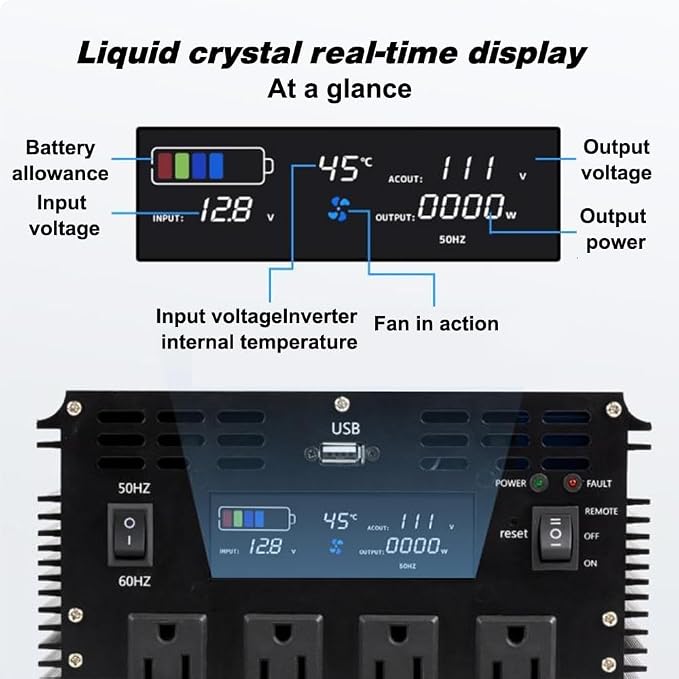 5000 Watt Pure Sine Wave Power Inverter, 12V DC to 110V/120V AC Converter 10000W Peak, with Remote Control LCD, 4 AC Outlets & USB Port & Hardwire Terminal, for Car Truck RV Camping Solar System EPS