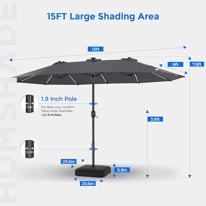 HOMSHADE 15FT Double Sided Umbrella with Light Bar and Base, Rectangle Oversized Patio Umbrellas, Extra Large Outdoor Table Umbrella for Pool, Patio, Garden (Dark Gray)