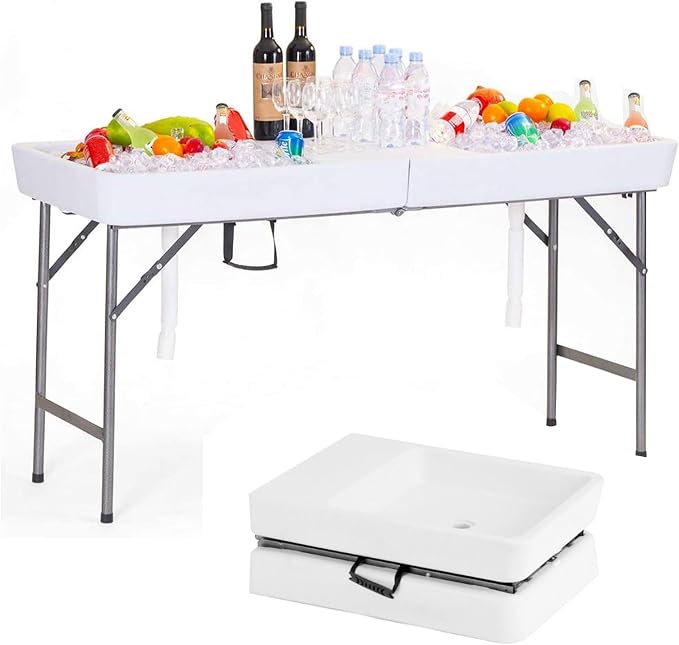 5 Foot Folding Ice Cooler Table with Drain and Dual Basins — Portable Fill and Chill Beverage Table for Parties, BBQ, Camping & Outdoor Events, 440 lb Capacity Ice Bin, No Assembly Required