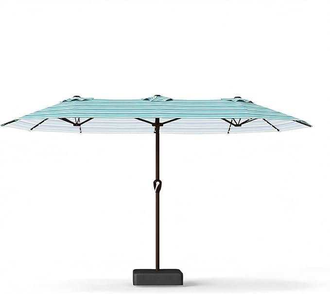 15FT Patio Umbrella with Solar Lights, Double-Sided Extra Large Outdoor Table Umbrella with Base Included, Heavy-Duty 12 Iron Ribs Market Umbrella for Garden, Pool, Backyard, Green Stripes