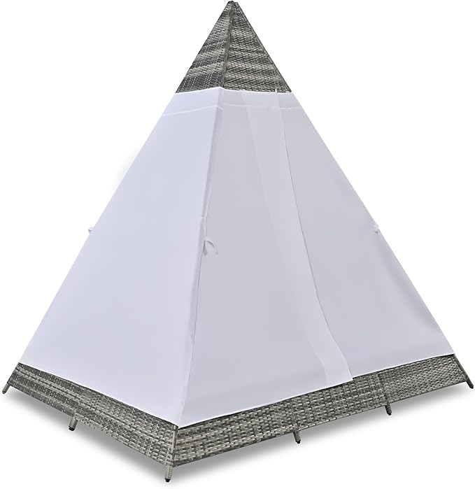 90.5" Outdoor Sunbed with Tent, Rattan Wicker Patio Daybed with Cushions and Colorful Pillows, Tent Shape Daybed, Patio Sunbed for Garden Patio Outdoor Poolside, Gray and Blue