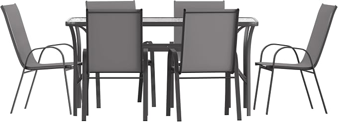 EMMA + OLIVER Bartlett 7-Piece Outdoor Dining Set, Patio Table with Tempered Glass Top and Umbrella Hole, 6 Flex Comfort Textilene Stack Chairs, 60", Gray/Black