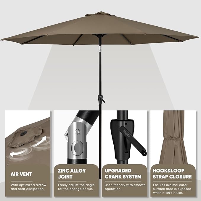 Tempera Patio Market Outdoor Table Umbrella with Push Button Tilt and Crank, Large Sun Umbrella with Sturdy Pole & Fade Resistant Canopy, Easy to Set