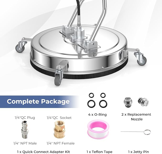 COSTWAY 20" Pressure Washer Surface Cleaner, Stainless Steel Power Cleaner Attachment with Casters, Dual Handles, 3/8'' Quick-Connect, Replacement Nozzle Cores & 2 Hose Adapters, 4000 PSI
