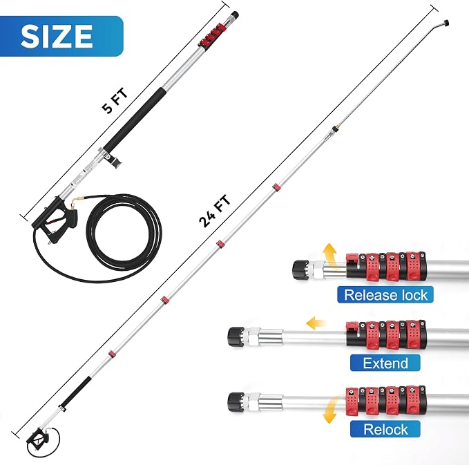 24 FT Telescoping Pressure Washer Wand, Gutter Cleaning Tool with Power Washer Extension Wand, Pivoting Coupling, 7 Nozzle Tips, 4 Adapters, Upgraded Support Belt for Gutter Window (Silver-Brush)