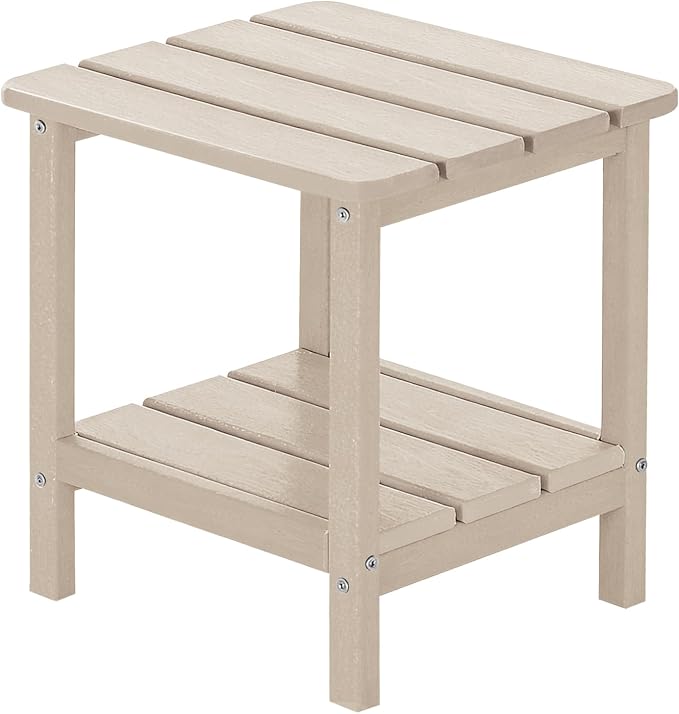 Outdoor Side Table HDPE Small Outdoor End Table Patio Side Tables Square for Backyard Pool Porch Balcony Double Layer Storage, Sand (Wood Grain Finish)