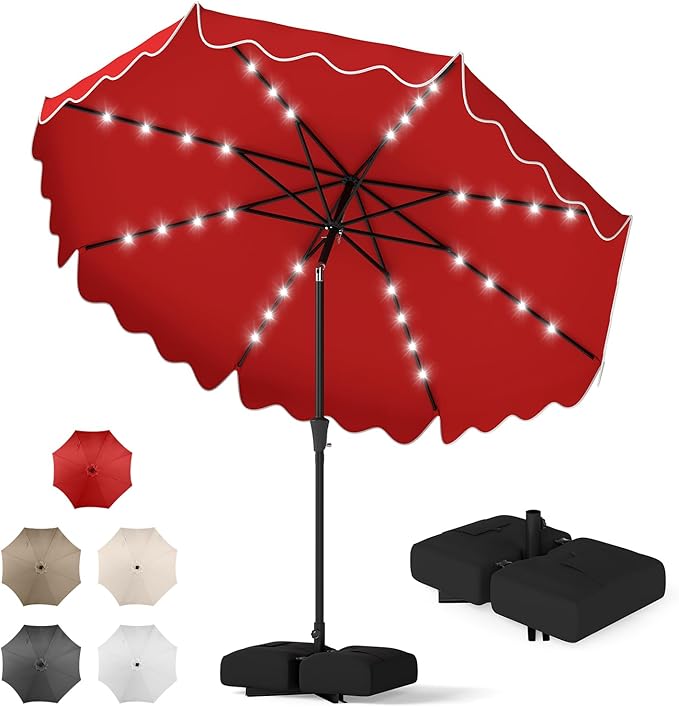 Tangkula 10 FT Solar Patio Umbrella with Base Included, 2-Tiers Outdoor Scalloped Table Umbrella with 32 LED Lights, 2 Sandbags, Tilt Adjustment, Crank, 8 Ribs for Market Backyard Pool Deck Beach Lawn (Red, 10 FT)