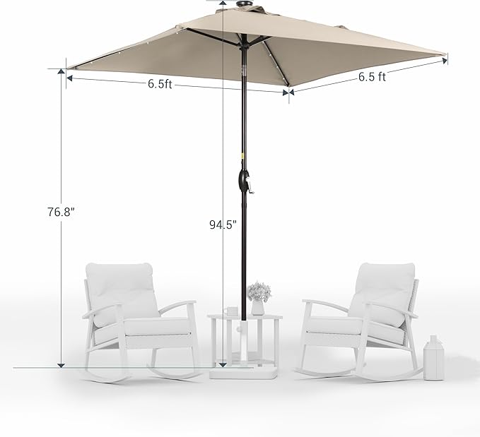 Square Patio Umbrella With Solar Lights, 6.5x6.5ft Square Umbrella Outdoor Patio with Tilt and Crank for Pool, Deck, Garden,Backyard