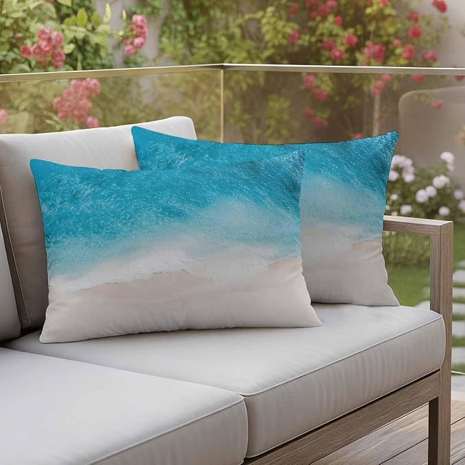 Pack of 2 Blue Beach Coastal Outdoor Pillow Covers Decorative, Ocean Seaside Waterproof Pillow Protector, Summer Nautical Lumbar Throw Pillowcases for Patio Couch Sofa Home Decor 20"x12"