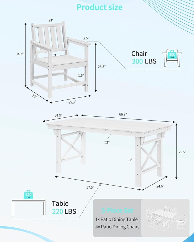 Outdoor Patio Dining Table Set, 5-Piece Outdoor HDPE Dining Furniture Sets with Umbrella Hole Table and 4 Chairs for Backyard, Garden, Lawn, Poolside, White