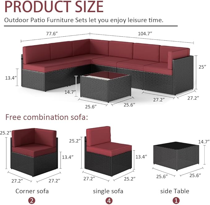 FIZZEEY 7 PCs Outdoor Patio Furniture PE Wicker Rattan Sectional Conversation Sofa Set, Burgundy