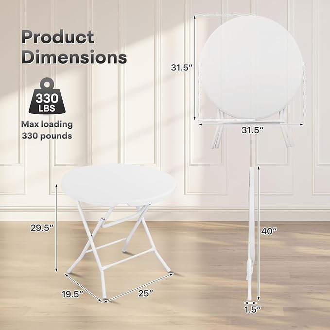 Athena Collection 2.6ft Folding Table, Portable Plastic Round Table Collapsible Card Craft Table with Steel Legs for Indoor Outdoor, Foldable Utility Dining Table for Commercial Camping Party, White