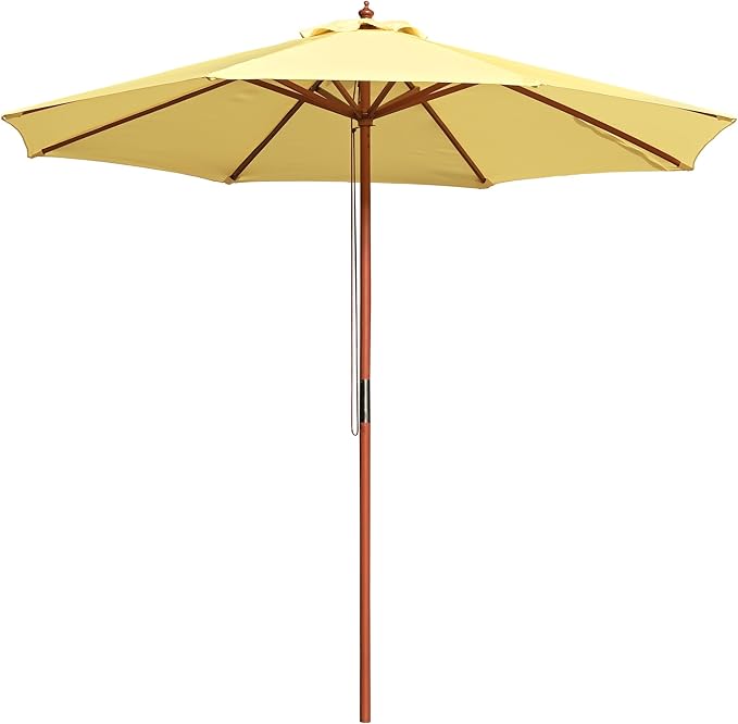 9 Ft Wooden Patio Umbrella 8 Ribs Table Parasol Rope Pulley Outdoor Garden Yard