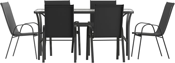 EMMA + OLIVER Bartlett 7-Piece Outdoor Dining Set, Patio Table with Tempered Glass Top and Umbrella Hole, 6 Flex Comfort Textilene Stack Chairs, 60", Black/Black
