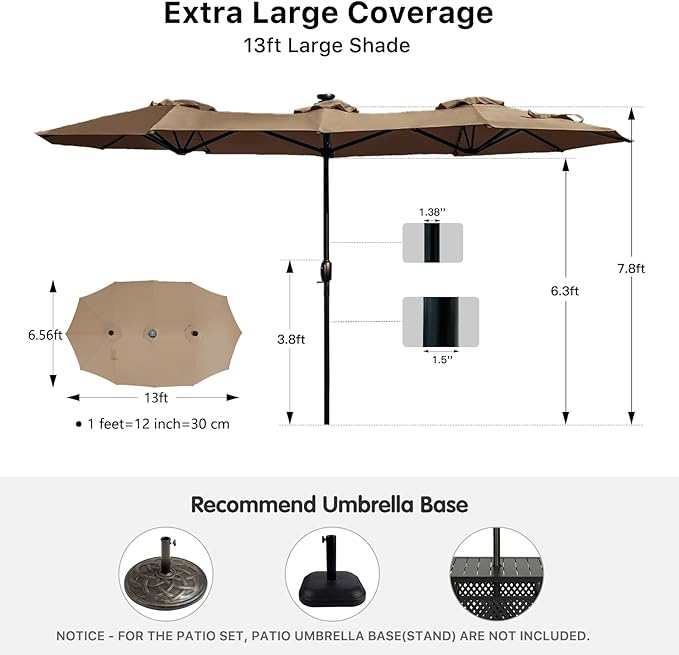 FREE SOLDIER 13ft Patio Umbrella with 36 LED Solar Lights Double Sided Outdoor Umbrella for Patio Table Umbrella with Solar lights for Garden Yard Pool (Tan)