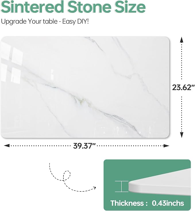 Rectangle Table Top,39.3” x 23.6 ” White Sintered Stone Tabletop, DIY Replacement & Cover Marble Desktop, Scratch & Wear Resistant, Easy to Clean, Suitable for Indoor & Outdoor