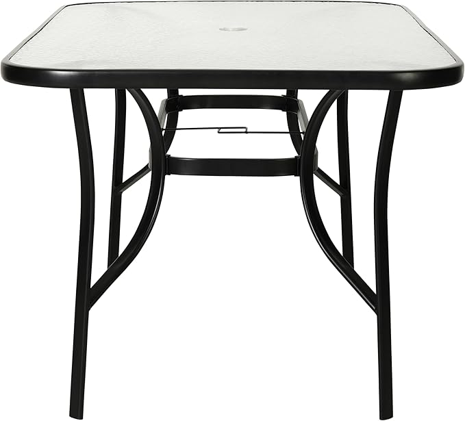Flash Furniture Tory Rectangle Patio Table with Umbrella Hole, Commercial All-Weather Table with Heat Resistant Tempered Glass, Steel Tube Frame, 35x 59, Black