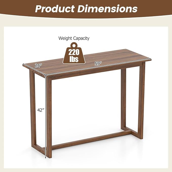 Tangkula 59 Inch Outdoor Bar Table, Teak Wood Rectangle Patio Bar Height Pub Table with Slatted Top, for Balcony, Garden and Poolside
