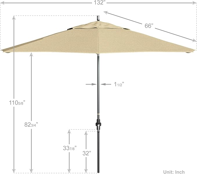 California Umbrella 11Ft Premium Sunbrella Patio Umbrella, Hand-Crank, Tilt-Collar, Gray Frame, Beige Fabric