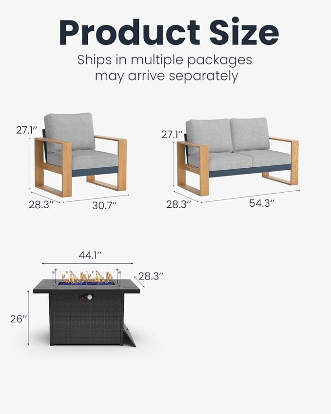 Oversized Aluminum Outdoor Patio Furniture Set, 4-Piece Modern Sectional Conversation Sets with Fire Pit Table, Wide Seat and Thick Cushions