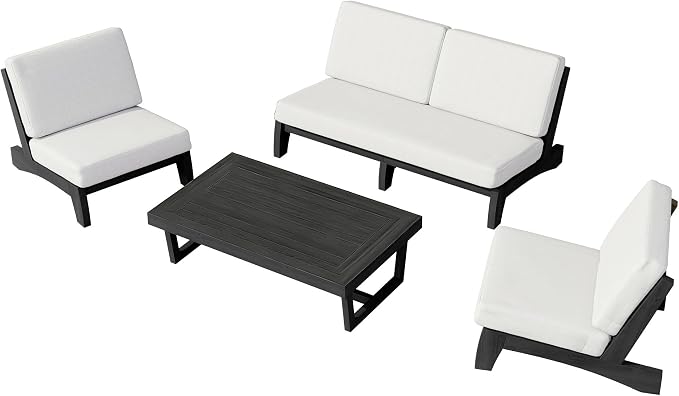 4 Piece Teak Outdoor Patio Frutnire Set, 5 Seater Patio Conversation Sets with Thick Cushions, Outdoor Sectional Furniture with Coffee Table - Beige