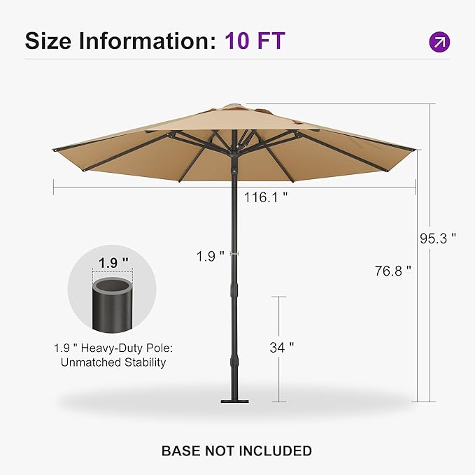 PURPLE LEAF 10Ft Round Semi-Auto Outdoor Patio Umbrella Aluminium Market Umbrella Table Sun Umbrella with 1.89" Rod and 8 Sturdy Ribs for Deck Lawn Pool Garden, Beige