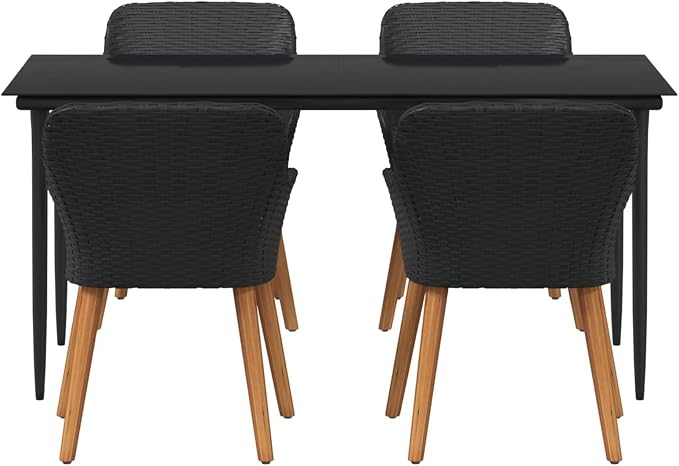 BOWERY HILL 5 Piece Poly Rattan Patio Dining Set, Black Finish, Cushioned Chairs, Tempered Glass Tabletop, Weather-Resistant, Seating for 4, Modern Outdoor Furniture for Garden or Patio Dining