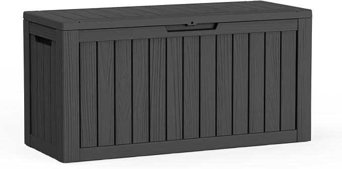 85 Gallon Outdoor Deck Box, Resin Waterproof Storage Box With Lockable Lid, UV-Resistant Multi-Purpose Outdoor Storage Bench for Patio Cushions, Garden Tools, Pool Accessories (Black)
