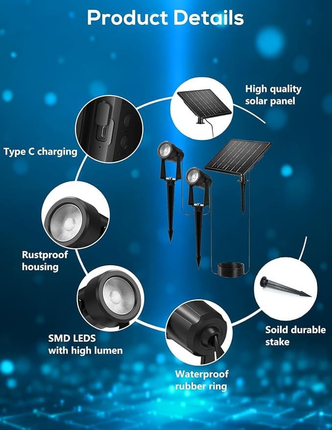 ZYAN Solar Landscape Spotlights, Separate Panels and USB-C Powered Auto On Off Dusk to Dawn, Outdoor IP65 Waterproof Spotlights, Warm White for Yard Path Patio (16 Pack)