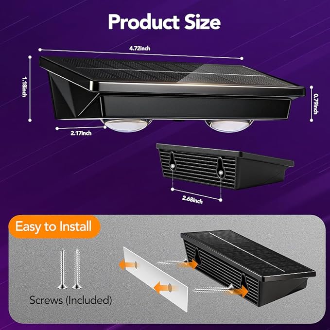 Solar Fence Lights Outdoor,2 Pack Waterproof LED Solar Powered Decj Light with Ultra Bright LED Lens,3000K/4000K/6000K Selectable,12+ Hours Steady Glow for Railing,Backyard,Wall