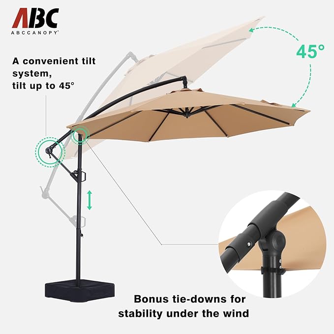 ABCCANOPY 10FT Cantilever Patio Umbrella with base included, 360° Rotation Outdoor Offset Umbrella Bonus Fix Frame & Weights Bag for Backyard, Deck, Poolside (Khaki)