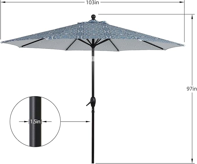 9ft Round Blue and Green Medallion Patio Umbrella, Crank Lift with 3-Position Tilt, Polyester Canopy and Steel Frame for Outdoor Use