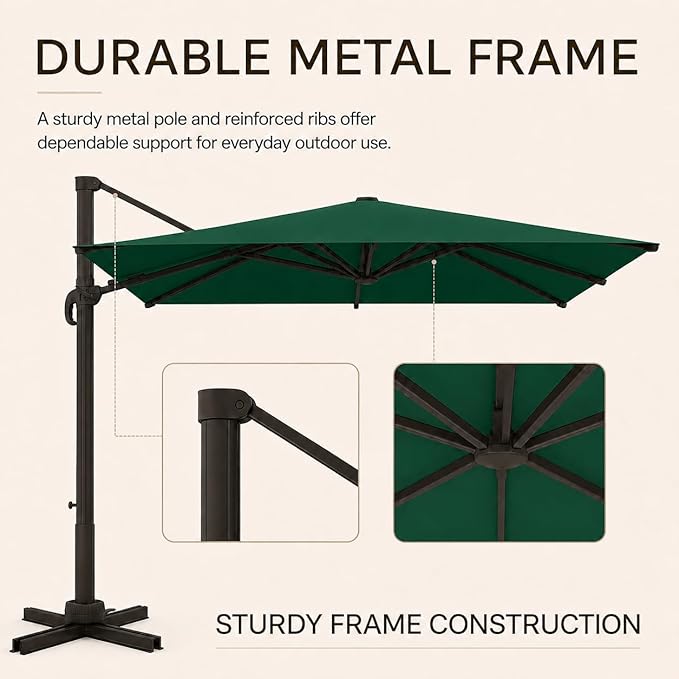 Kingdura 10x10 FT Cantilever Patio Umbrella with Base Included, Large Square Aluminum Offset Outdoor Pool Umbrella, 360° Rotation & 4-Position Tilt, UV Protection for Deck Backyard (Dark green)