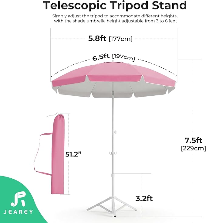 JEAREY 6.5ft Sun Shade Umbrellas, Portable Umbrella with Stand, Lightweight Sun Protection Free Standing Sport Umbrella for Outdoor Sports, Camping, Fishing, Patio, Beach, Sakura Pink