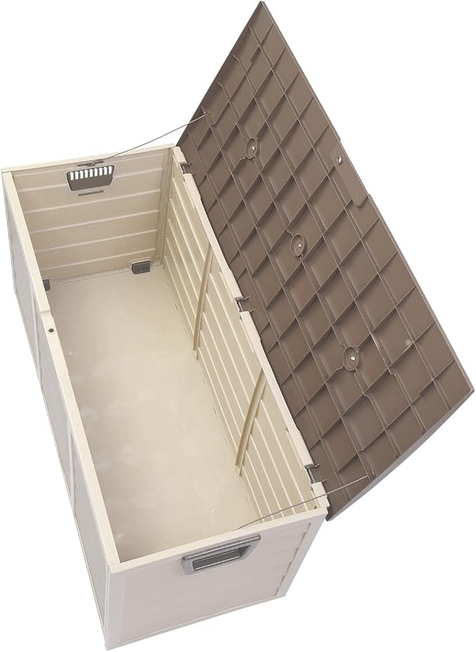 75-Gallon Outdoor Storage Bench with Wheels, Heavy-Duty Waterproof Deck Box for Patio, Garden, and Pool Organization (Brown lid + beige box)