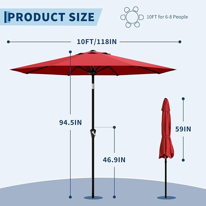 IDEALHOUSE 10FT Outdoor Patio Umbrella, UV Resistant Outdoor Table Parasol, Push Button Tilt & Crank Lift, 8 Fiberglass Ribs, Heavy Duty Canopy, Large Sunshade for Deck Yard Pool Cafe