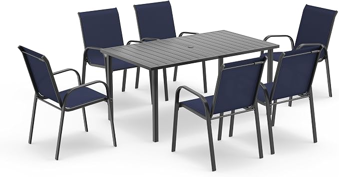 Outdoor Dining Set for 6, Patio Dining Set with Textilene Dining Chairs, Metal Dining Table with Umbrella Hole, Stackable Outdoor Chairs for Garden, Patio, Poolside and Backyard, Navy Blue