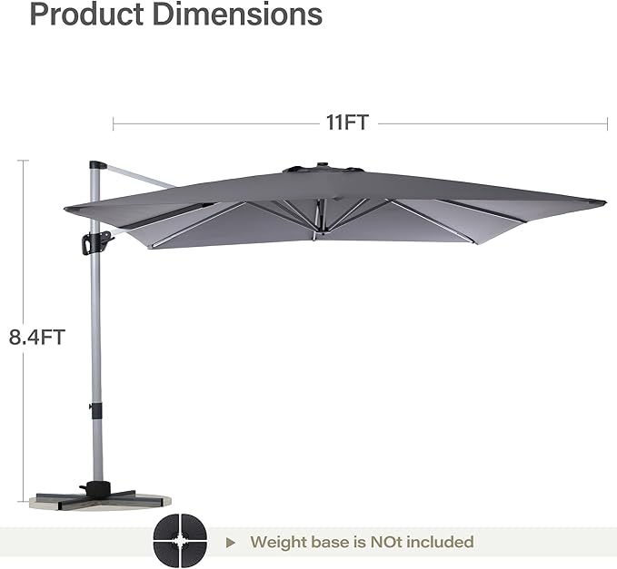 LAUSAINT HOME 10FT Square Cantilever Patio Umbrella with Solar Lights, Windproof Heavy Duty Offset Outdoor Umbrella for Backyard, Pool, Garden & Deck, Gray
