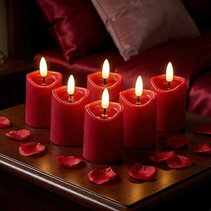 Simplelight Red Flameless Votive Candles with Timer, Realistic Black Wick Valentine’s Day Candles Battery Operated, Battery Included, D 1.8” X H 3.1”, Set of 6 for Wedding, Christmas Decoration (Red)
