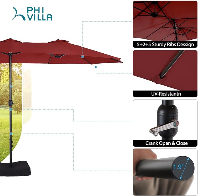 PHI VILLA 15ft Large Patio Umbrella Double-Sided Outdoor Market Pool Umbrellas with Crank, Umbrella Base (Stand) Included(Dark Red)