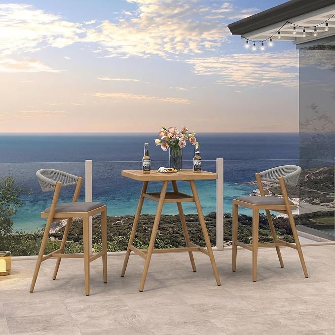 PURPLE LEAF Outdoor Bar Height Table Aluminum Patio High Bar Stools Pub Dining Table for Kitchen Island Balcony Deep Teak