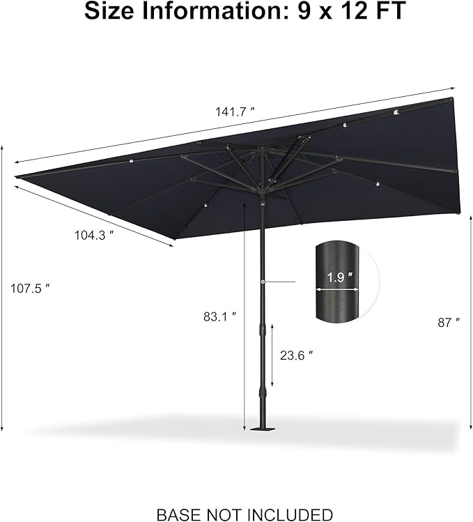 PURPLE LEAF 12' x 9' Rectangular Semi-Auto Outdoor Patio Umbrella Aluminium Market Umbrella Table Sun Umbrella with 1.89" Rod and 8 Sturdy Ribs for Deck Lawn Pool Garden, Navy Blue