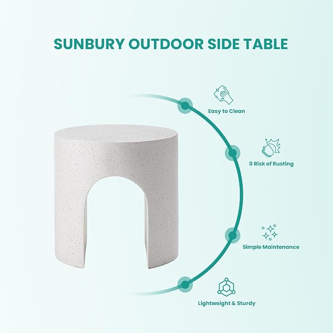 SUNBURY Outdoor Side Table, 16" W Concrete End Table w Arch Shape, Round Cement Accent Table Lightweight for Patio, Modern Decorative Garden Stool for Patio, Backyard, Spotted White