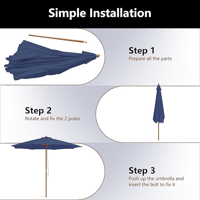 HAPPYGRILL 10 FT Wooden Patio Umbrella with Rope Pulley Lift, 8 Bamboo Ribs, 3 Adjustable Heights, Vented Roof, Outdoor Table Umbrella for Garden Poolside Backyard (Navy)