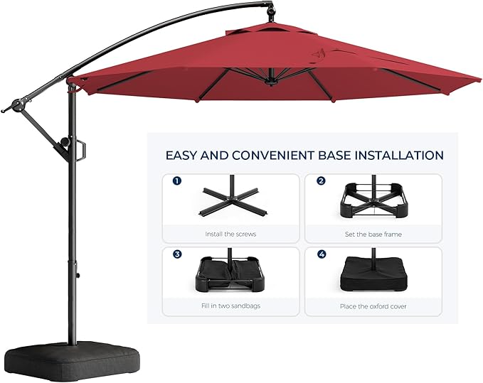HOMSHADE 10ft Patio Umbrella with Base Included, Cantilever Umbrella UPF50+ UV Protection with Easy Tilt and Crank for Pool Deck and Garden(Red)