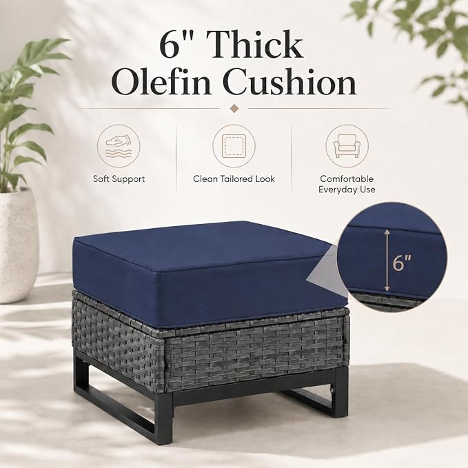 Outdoor Ottomans Set of 2, PE Wicker Patio Footstools with Removable Cushions, All-Weather Rattan Outdoor Ottoman Set for Patio, Backyard, Garden, Porch, Blue