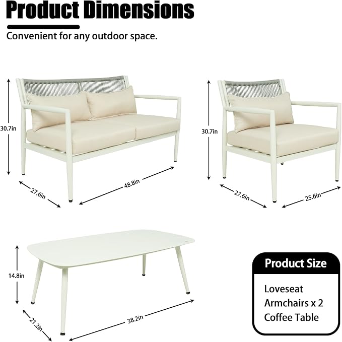 Outdoor Patio Furniture Set, 4 Seats Outdoor Sectional with Coffee Table, Patio Conversation Sets with PE Rope, Outdoor Sectional Sofa with Thick Cushions for Balcony, Porch (White)