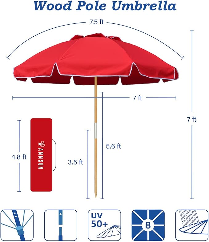 AMMSUN 7.5ft Heavy Duty HIGH Wind Beach Umbrella Commercial Grade wood Beach Umbrella with Air Vent Ash Wood Pole & Portable Carry Bag UPF50+ Protection Windproof Red