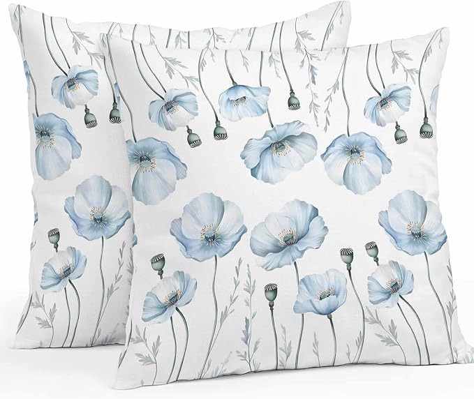 Blue Poppy Floral Waterproof Outdoor Pillow Covers Set of 2 Home Decor, Farmhouse Pastoral Botanical Flowers Pillowcase Patio Pillow Covers for Couch Bench Furniture Garden 16x16in